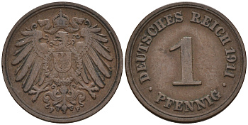 Германия 1 пфенниг 1911 F KM 10, J. 10 медь 4594-1249