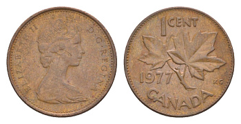 Канада 1 цент 1977 Елизавета II (1952-2022), кленовый лист KM 59 бронза 4630-556