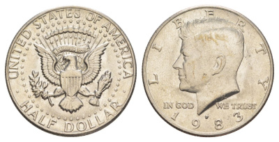 США 1/2 доллара (50 центов) 1983 D, Джон Кеннеди KM A202b медь плакированная медно-никелем aUNC 180-516