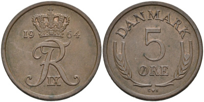 Дания 5 эре 1964 Фредерик IX (1947-1972) KM 848 бронза 4571-327