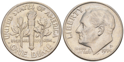 США 10 ЦЕНТОВ = 1 ДАЙМ 1994 D, РУЗВЕЛЬТ KM 195a медь плакированная медно-никелем 187-1111