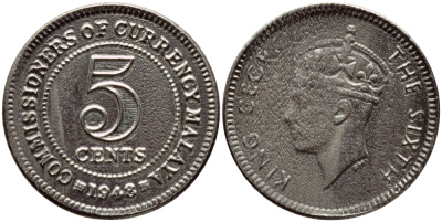 МАЛАЙЯ 5 ЦЕНТОВ 1948 ГЕОРГ VI KM 7 медно-никель 4392-1127