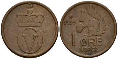 Норвегия 1 эре 1963 Улаф V (1958 - 1991) KM 403 бронза 4154-753