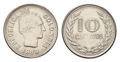 Колумбия 10 сентаво 1969 KM 236 сталь плакированная никелем aUNC 4664-135