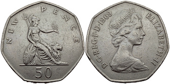 Великобритания 50 пенсов 1969 Елизавета II (1952-2022) KM 913, Spink 4223 (H1) медно-никель 72-132