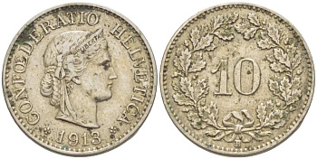 ШВЕЙЦАРИЯ 10 РАППЕНОВ 1913 В KM 27 медно-никель 4513-223