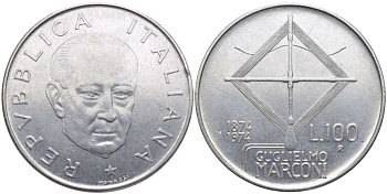 ИТАЛИЯ 100 ЛИР 1974 R, 100 ЛЕТ МАРКОНИ KM 102 нержавеющая сталь 109-1212