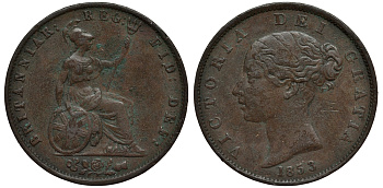 Великобритания 1/2 пенни 1853 Виктория (1837-1901) KM 726, Spink 3949 медь 106-753