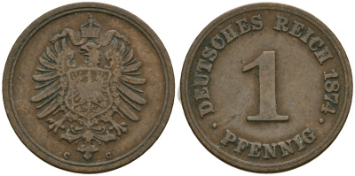 Германия 1 пфенниг 1874 C, Вильгельм I (1871-1888) KM 1, J. 1, Weege 1 медь 4136-1263