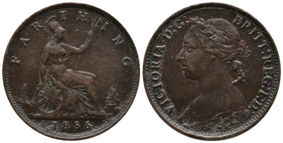 Великобритания 1 фартинг 1886 Виктория (1837-1901) KM 753, Spink 3958 бронза  1518-1133