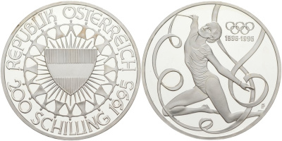 Австрия 200 шиллингов 1995 100 лет Олимпийским играм, гимнастика KM 3027 серебро PROOF 01-150-43