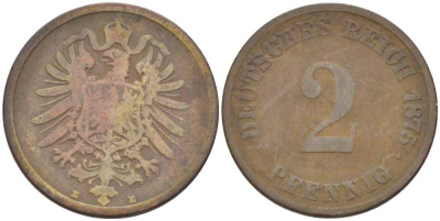 ГЕРМАНИЯ 2 ПФЕННИГА 1875 E, СТАРОГЕРБОВКА KM 2, J. 2, Weege 3 медь 212-537