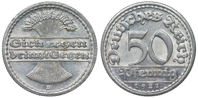 Германия 50 пфеннигов 1921 D KM 27, J. 301, Weege 10 алюминий 4121-1137