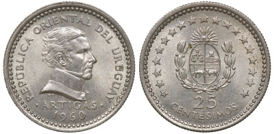 Уругвай 25 сентесимо 1960 KM 40 медно-никель 4169-758
