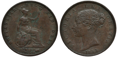 Великобритания 1/2 пенни 1853 Виктория (1837-1901) KM 726, Spink 3949 медь 106-753