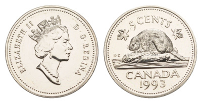 Канада 5 центов 1993 Елизавета II (1952-2022), бобр KM 182 медно-никель PROOF-LIKE (BU) 4639-521