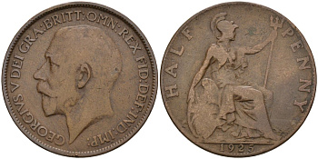 Великобритания 1/2 пенни 1925 Георг V (1910-1936), штрих на A круглый KM 809, Spink 4056 бронза 4153-757