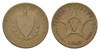 Куба 5 сентаво 1943 KM 11.3a латунь 4623-823