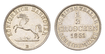 Ганновер 1/2 гроша 1861 B, Георг V (1851-1866) KM 235, AKS 151, J. 92 серебро  aUNC  1527-441