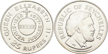 Сейшельские острова 25 рупий 1977 25 лет правления (серебрянный юбилей) королевы Елизаветы II (1952-1977) KM 38 a серебро BUNC 1095-9-34