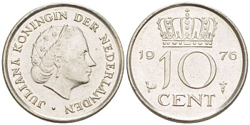 Нидерланды 10 центов 1976 Юлиана (1948-1980) КМ 182 никель 211-1224