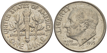 США 10 ЦЕНТОВ = 1 ДАЙМ 1995 P, РУЗВЕЛЬТ KM 195а медь плакированная медно-никелем 66-1131