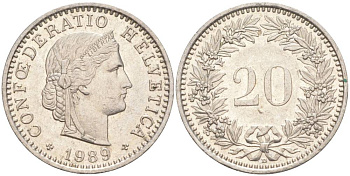 ШВЕЙЦАРИЯ 20 РАППЕНОВ 1989 В KM 29a медно-никель 55-1034