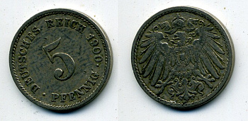 ГЕРМАНИЯ 5 ПФЕННИГОВ 1900 J, KM 11, J. 12 медно-никель 58-1145