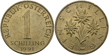 АВСТРИЯ 1 ШИЛЛИНГ 1991 KM 2886 алюминиевая бронза 98-123