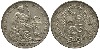 Перу 1 соль 1934 KM 218.2 серебро aUNC 272-1015
