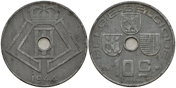 Бельгия 10 сантимов 1944 Belgie - Belgique, Леопольд III (1934-1947), германская оккупация, Вторая мировая война KM 126 цинк 4161-345