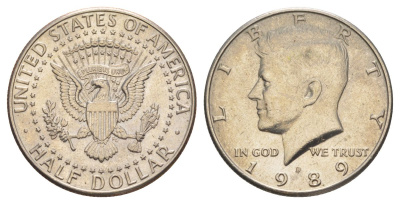 США 1/2 доллара (50 центов) 1989 D, Джон Кеннеди KM A202b медь плакированная медно-никелем aUNC 4367-946