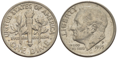 США 10 ЦЕНТОВ = 1 ДАЙМ 1995 P, РУЗВЕЛЬТ KM 195а медь плакированная медно-никелем 66-1131