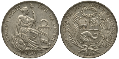Перу 1 соль 1934 KM 218.2 серебро aUNC 272-1015