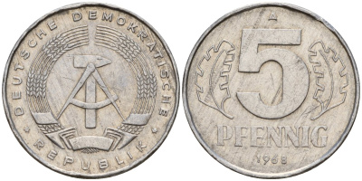 ГДР 5 пфеннигов 1968 A KM 9.1 алюминий 211-1148
