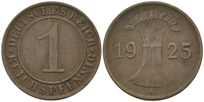 Германия 1 рейхспфенниг 1925 A KM 37, J. 313 бронза 4189-1065