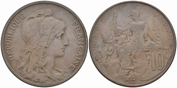 ФРАНЦИЯ 10 САНТИМОВ 1913 ТИП ДАНИЭЛЬ ДЮПЮИ KM 843, LA FRANC 136.23 бронза 109-315