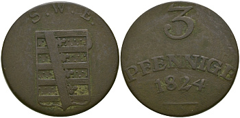 Саксен-Веймар-Эйзенах 3 пфеннига 1824 S.W.E., Карл Август (1758-1809-1828) KM 64, Koppe 613, AKS 12, Jaeger 522 b медь    65-612