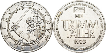 ФРГ медаль 1993 1 trimm taler, диаметр 40 мм., серебрение сталь 01-084-13
