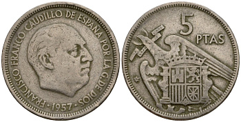 Испания 5 песет 1957 (60) Франсиско Франко (1939-1975) KM 786 медно-никель 186-444