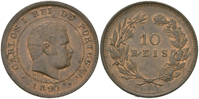 Португалия 10 реалов (рейсов) 1891 Карлуш I (1889-1908) KM 532 бронза aUNC 4584-1126