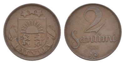 Латвия 2 сантима 1922 KM 2 бронза 4658-1142