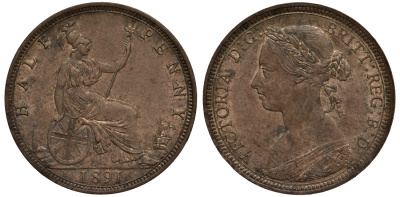 Великобритания 1/2 пенни 1891 Виктория (1837-1901) KM 754, Spink 3956 бронза aUNC 1523-843