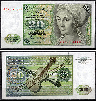ФРГ 20 марок 1980 Эльсбет Тухер (Альбрехт Дюрер), скрипка, кларнет, Deutsche Bundesbank Pick 32 d  бумага  aUNC 451-920-3