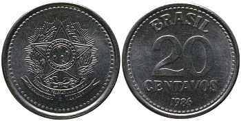 Бразилия 20 сентаво 1986 герб KM 603, Schon 112 нержавеющая сталь UNC 4567-959