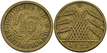 Германия 10 рентенпфеннигов 1923 G KM 33, J. 309 алюминиевая бронза 3336-546