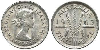 Австралия 3 пенса 1963 m, Елизавета II (1952-2022) KM 57 серебро 71-838