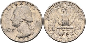 США 25 центов (квотер) 1980 D, Вашингтон KM A164a медь плакированная медно-никелем 4584-1123