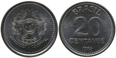 Бразилия 20 сентаво 1986 герб KM 603, Schon 112 нержавеющая сталь UNC 4567-959
