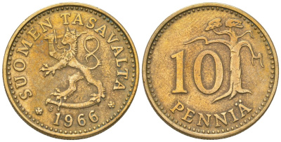 Финляндия 10 пенни 1966 S KM 46 алюминиевая бронза 4174-921